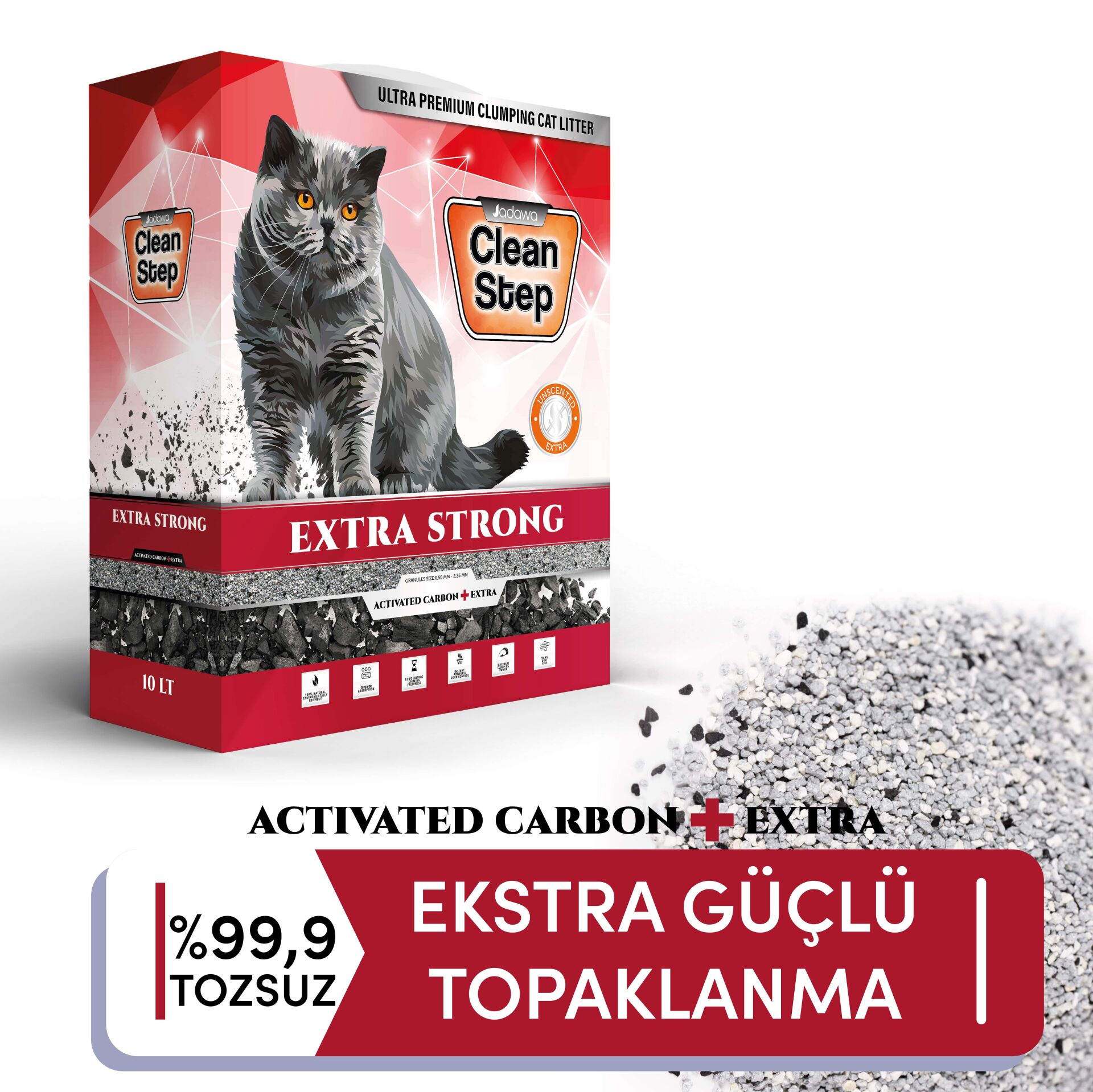 Clean Step Extra Strong Ekstra Aktif Karbonlu Süper Güçlü Topaklanan Kokusuz (Parfümsüz) İnce Tane Bentonit Kedi Kumu 10 LT
