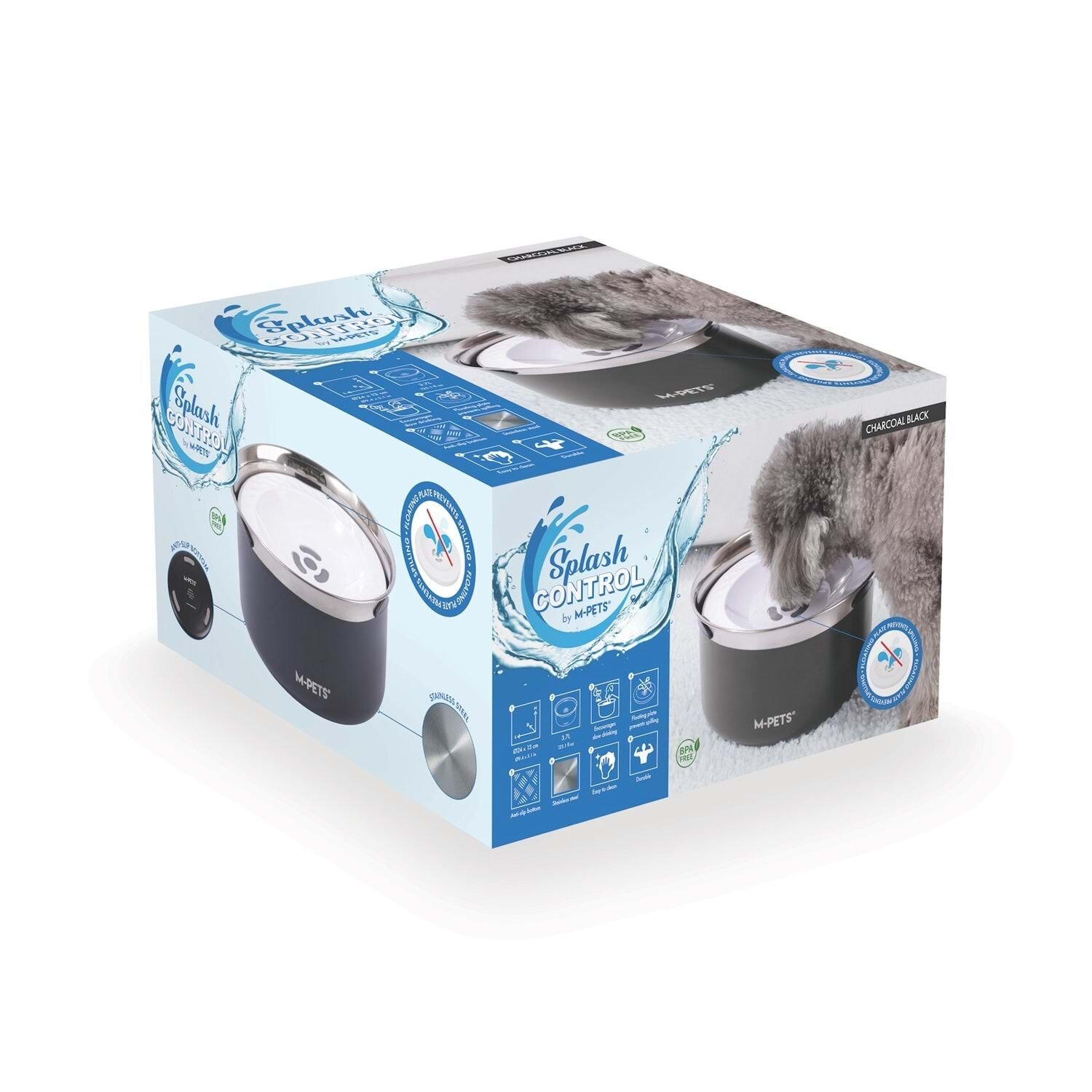 M-PETS Splash Control Paslanmaz Çelik Sıçrama Önleyici Su Kabı – Siyah (3,7 L