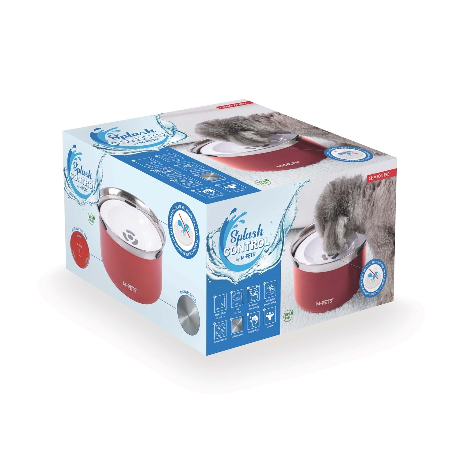 M-PETS Splash Control Metal Su Kabı – 3,7 L (Kırmızı)