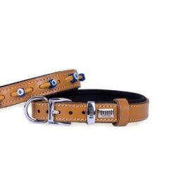 Doggie Konfor Deri Nazar Boncuklu Köpek Boyun Tasması – El Yapımı & Vegetal Deri KAMEL - 2XL