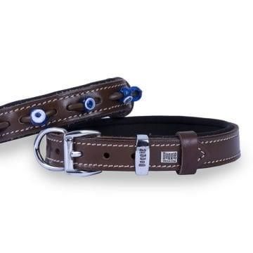 Doggie Konfor Deri Nazar Boncuklu Köpek Boyun Tasması – El Yapımı & Vegetal Deri KAHVRENGİ - 3XS