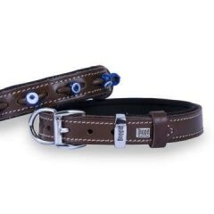 Doggie Konfor Deri Nazar Boncuklu Köpek Boyun Tasması – El Yapımı & Vegetal Deri KAHVRENGİ - L