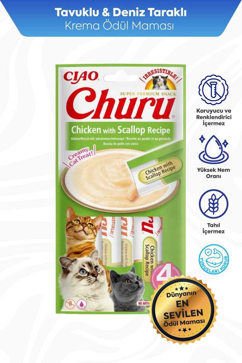Ciao Churu Cream Tavuklu ve Deniz Taraklı Kedi Ödül Kreması 4 x 14 Gr