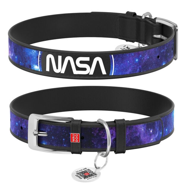 Waudog Gerçek Deri Köpek Boyun Tasması – NASA21 Deseni, Siyah (XS, 12 mm, 21-29 cm)