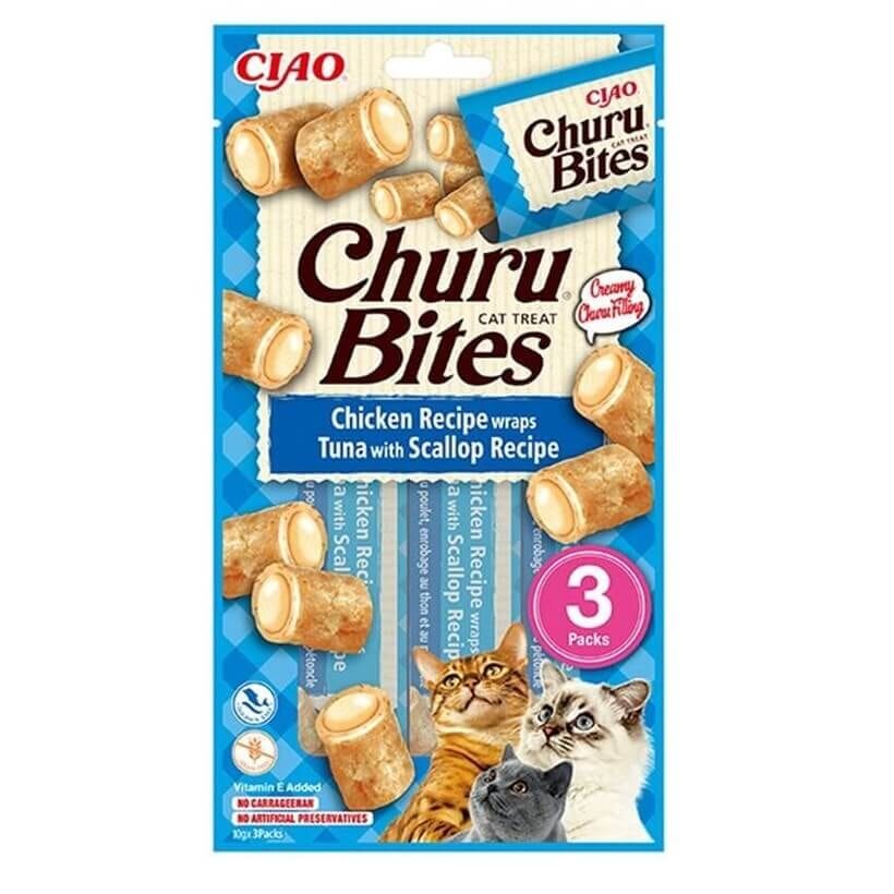 CİAO CHURU BİTES TAVUK  SARGILI, DENİZ TARAKLI VE TON BALIKLI KEDİ ÖDÜL MAMASI 3 X 10 GR