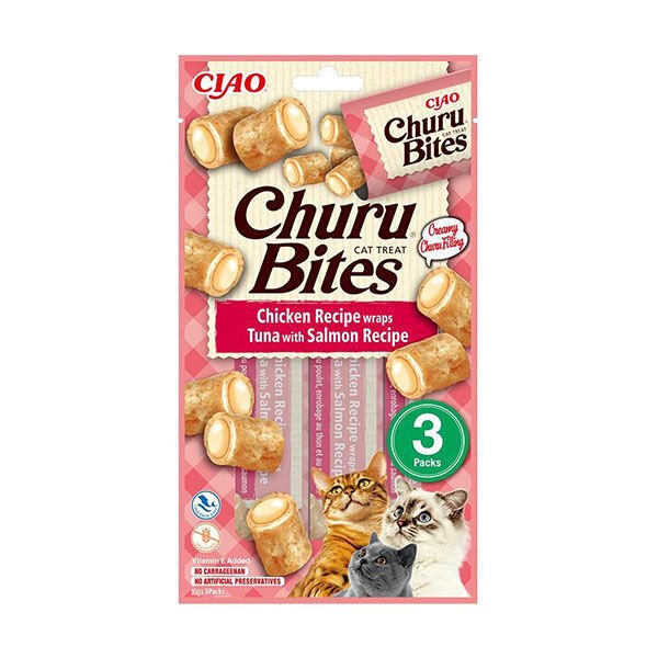 CİAO CHURU BİTES TAVUK SARGILI , TON BALIKLI VE SOMONLU KEDİ ÖDÜL MAMASI 3 X 10 GR