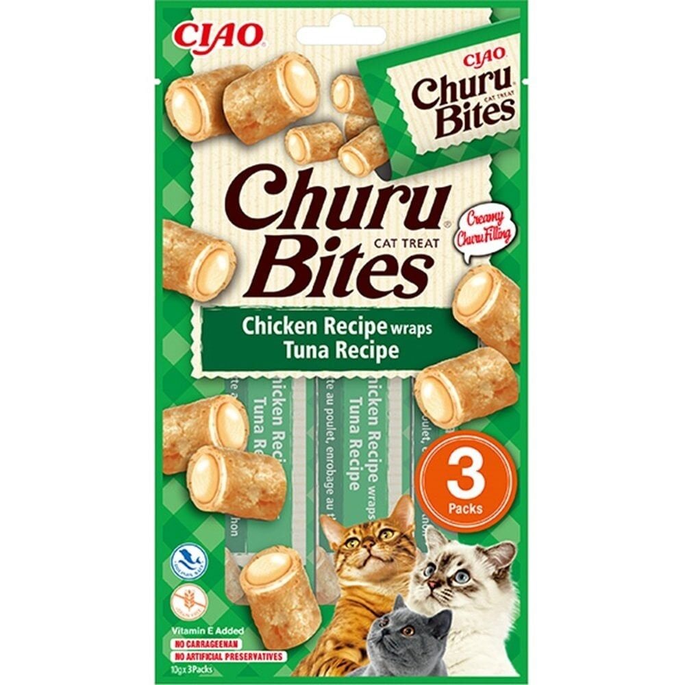 CİAO CHURU BİTES TAVUK SARGILI VE TON BALIKLI KEDİ ÖDÜL MAMASI 3 X 10 GR