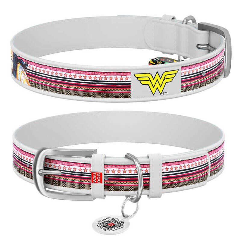 Waudog Tasarım Gerçek Deri Köpek Boyun Tasması – ''Wonder Woman'' Desenli, 20 mm, 29–38 cm, Beyaz
