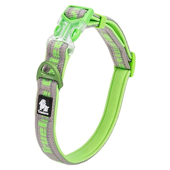 True Love Köpek Boyun Tasması – Neoprene Süngerli, Naylon Dokuma, Yeşil-Gri