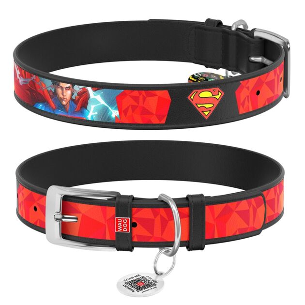 Waudog Tasarım Gerçek Deri Köpek Boyun Tasması – Superman1 Desenli, 12 mm / L 18–24 cm, Siyah