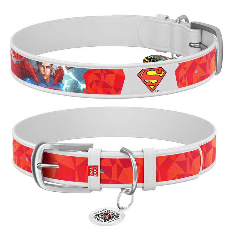 Waudog Tasarım Gerçek Deri Köpek Boyun Tasması – Superman1 Desenli, 12 mm / L 18–24 cm, Beyaz