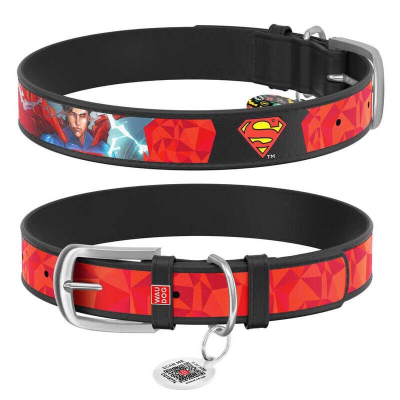 Waudog Tasarım Gerçek Deri Köpek Boyun Tasması – Superman1 Desenli, 15 mm / L 26–35 cm, Siyah