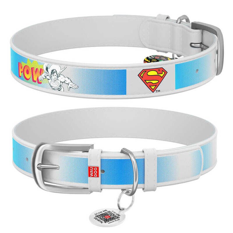 Waudog Tasarım Gerçek Deri Köpek Boyun Tasması – Superman2 Desenli, 15 mm / L 26–35 cm, Beyaz