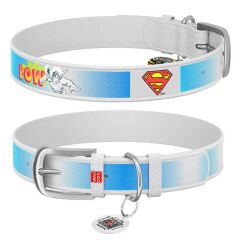 Waudog Tasarım Gerçek Deri Köpek Boyun Tasması – Superman2 Desenli, 15 mm / L 26–35 cm, Beyaz