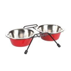 FL ARJUN STANDLI İKİLİ ÇELİK MAMA KABI SETİ / KIRMIZI-GRİ / 1600ML