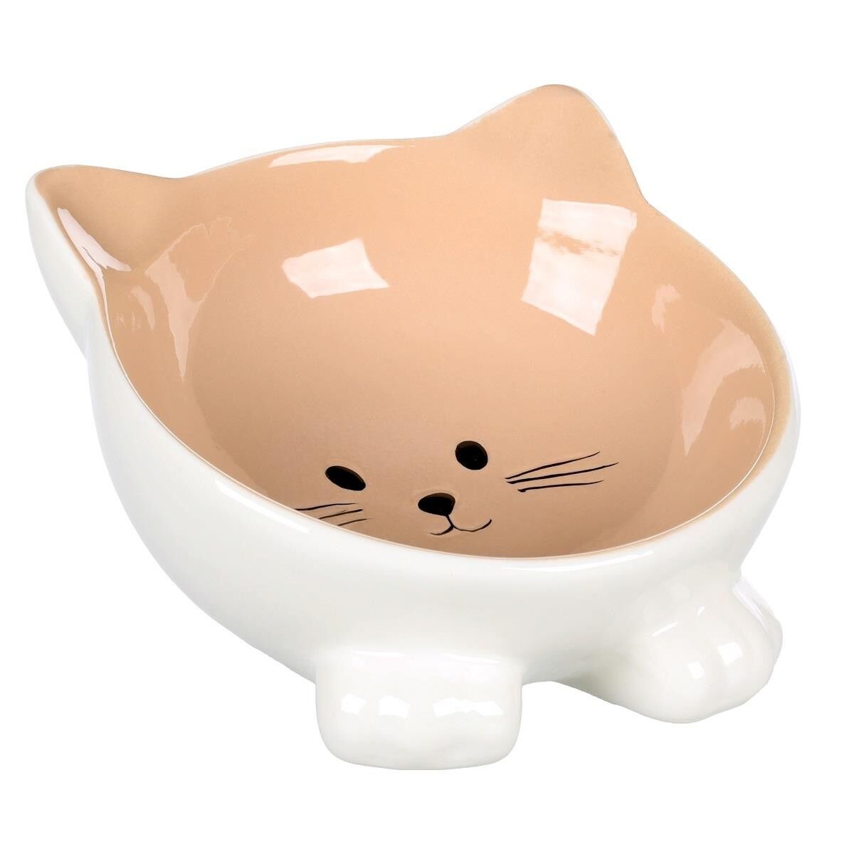 FL PUZI KEDİ KULAKLI DESENLİ SERAMİK MAMA VE SU KABI / 125ML / BEJ