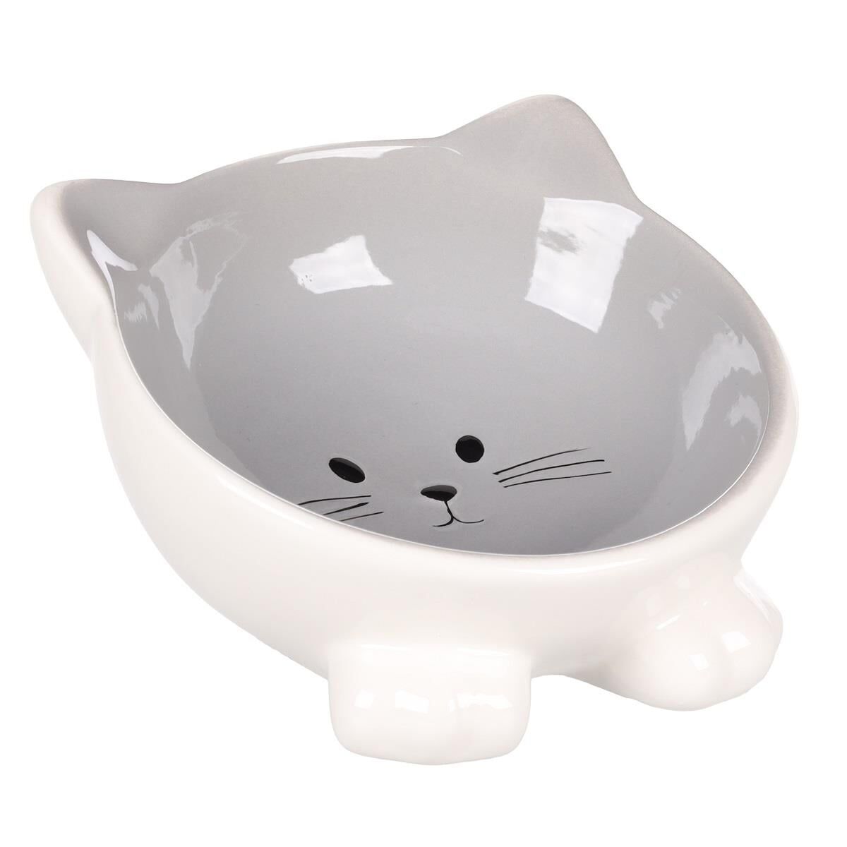 FL PUZI KEDİ KULAKLI DESENLİ SERAMİK MAMA VE SU KABI / 125ML / GRİ