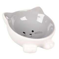 FL PUZI KEDİ KULAKLI DESENLİ SERAMİK MAMA VE SU KABI / 125ML / GRİ