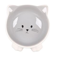FL PUZI KEDİ KULAKLI DESENLİ SERAMİK MAMA VE SU KABI / 125ML / GRİ