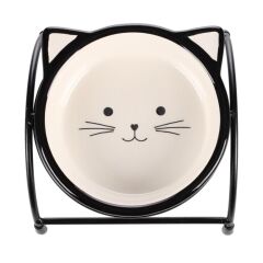 FL ANSU SİYAH BEYAZ KEDİ KULAKLI STANDLI SERAMİK MAMA KABI / 230ML