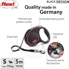 Flexi Black Design Otomatik Şerit Köpek Gezdirme Kayışı – 5 m, Pembe, Small