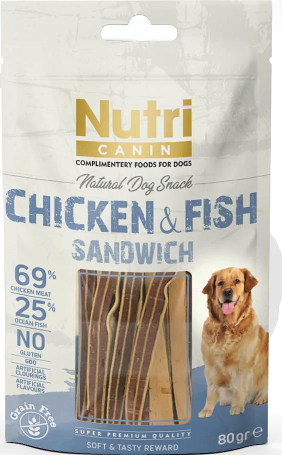 Chicken & Fish Sandwich Natural Dog Snack – Kurutulmuş Tavuk ve Balıklı Sandviç Tahılsız Köpek Ödülü 80 g