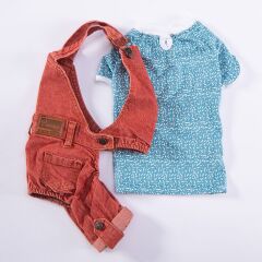 PawStar Kırmızı Denim Salopet – Küçük ve Orta Irk Köpek Tulum (2'li Set)