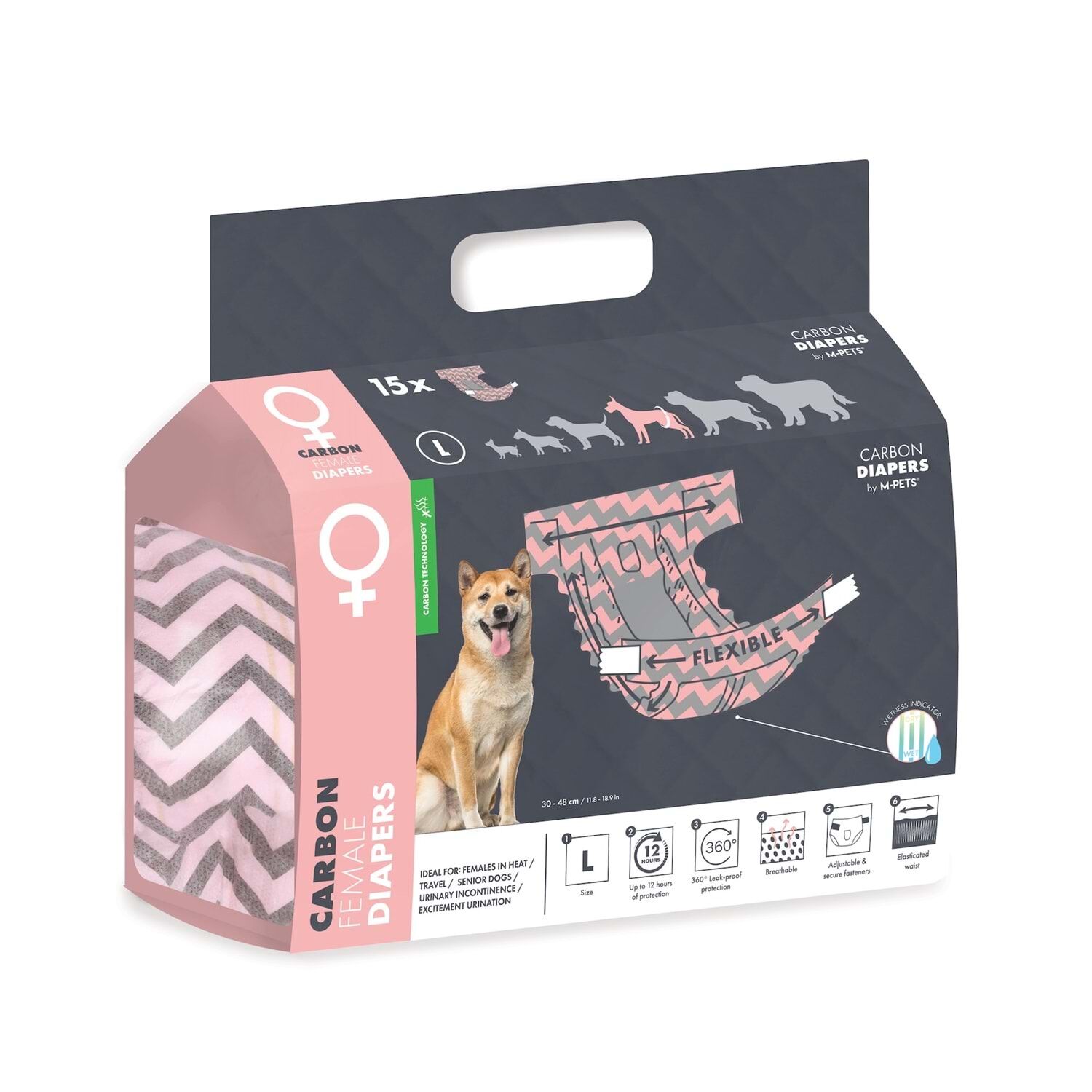 M-PETS CARBONLU DIAPERS DİŞİ KÖPEKLER İÇİN KÜLOT (L) 15Lİ