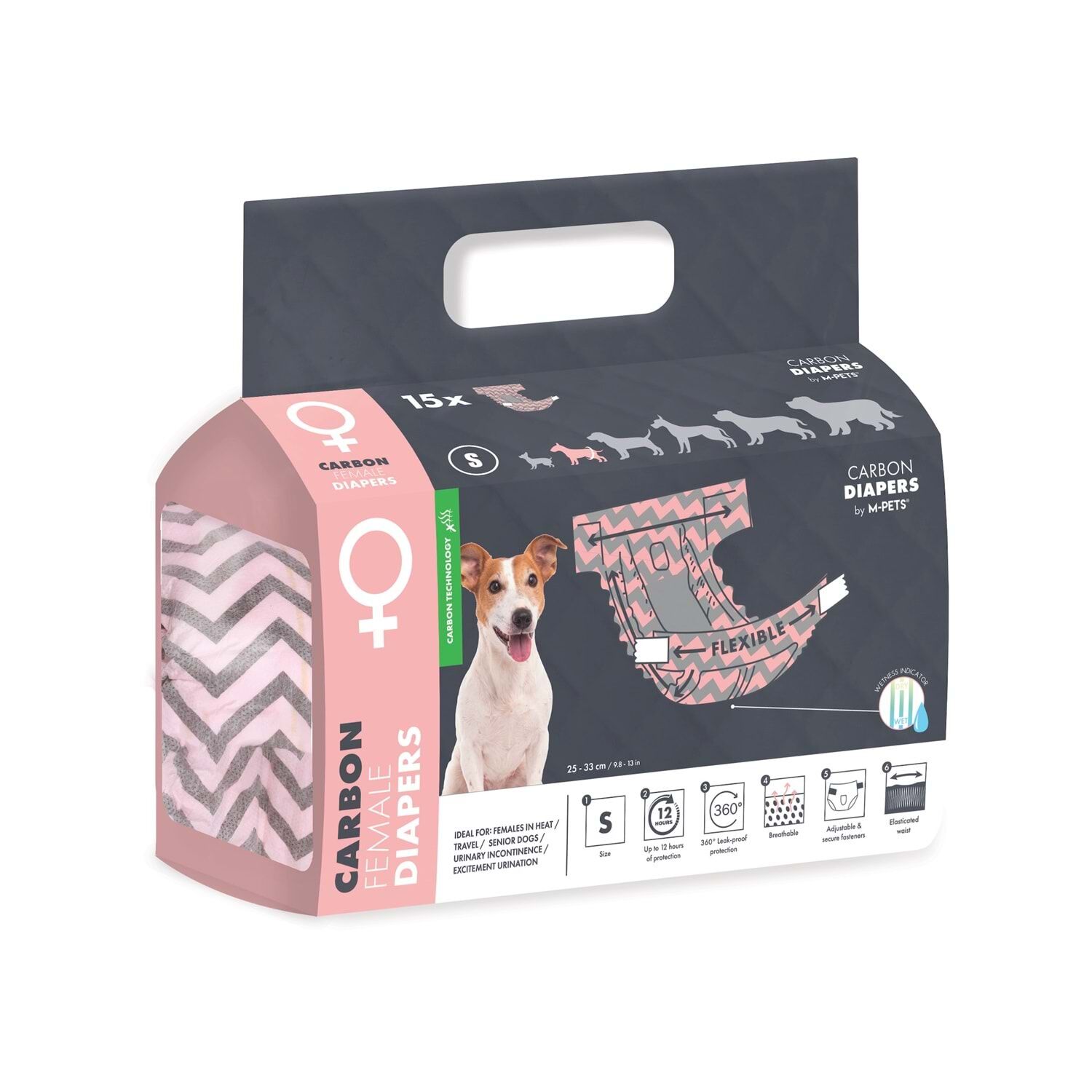 M-PETS CARBONLU DIAPERS DİŞİ KÖPEKLER İÇİN KÜLOT (S) 15Lİ