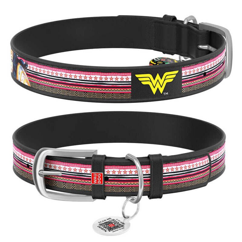 Waudog Tasarım Gerçek Deri Köpek Boyun Tasması, ''Wonder Woman'' Deseni, 20MM, 29-38 CM Siyah