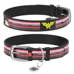 Waudog Tasarım Gerçek Deri Köpek Boyun Tasması – Wonder Woman Desenli, 20 mm / 29–38 cm, Siyah