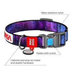 Waudog Naylon Köpek Boyun Tasması, ''NASA21'' Deseni, Plastik Fastex, XL, 25MM, 35-58 CM