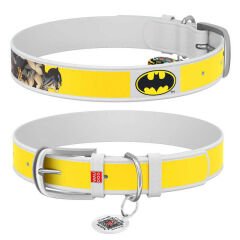 Waudog Tasarım Gerçek Deri Köpek Boyun Tasması – Batman2 Desenli, 15 mm / 26–35 cm, Beyaz