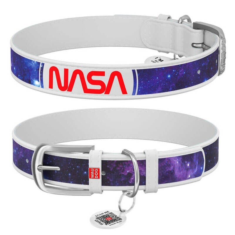 Waudog Tasarım Gerçek Deri Köpek Boyun Tasması, ''NASA21'' Deseni, S, 20MM, 30-39 CM Beyaz