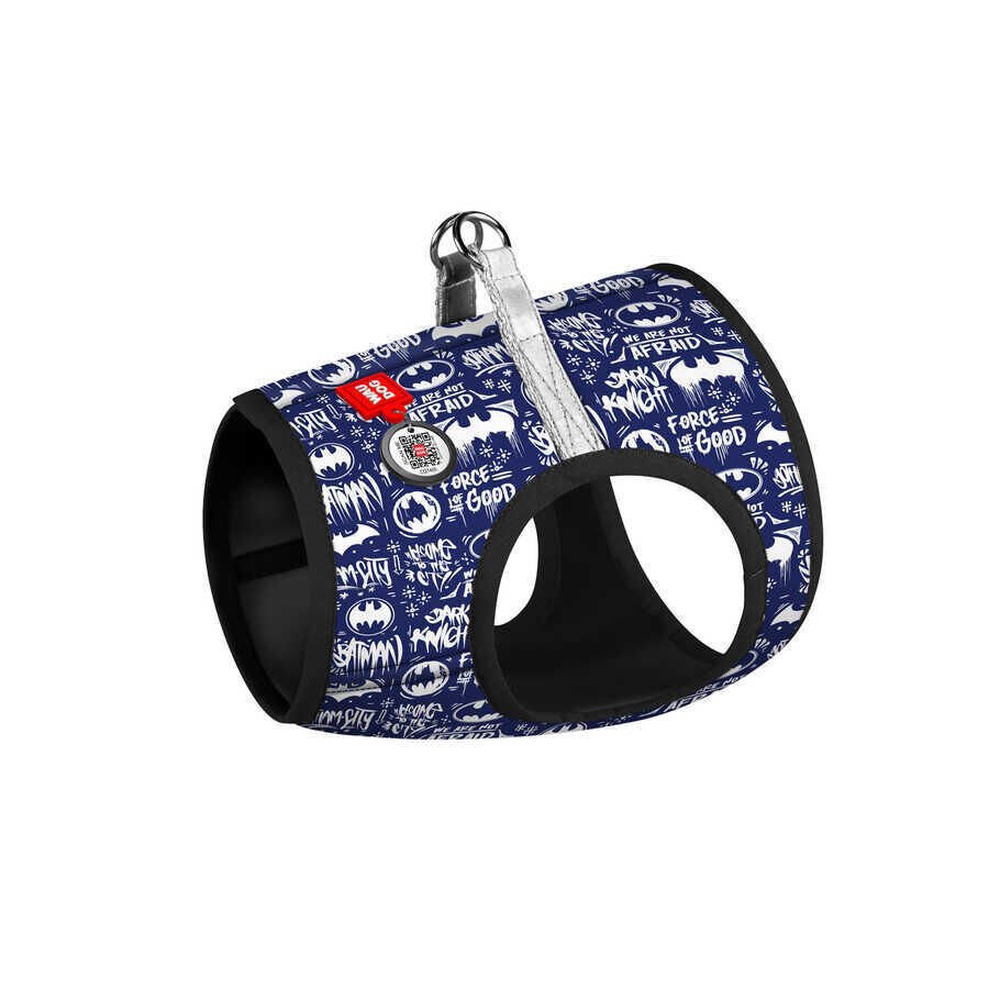 Waudog Collar QR Pasaportlu Yumuşak Doku Köpek Göğüs Tasması – Mavi-Beyaz Batman Desenli, XS4, B 36–39 cm / C 26–28 cm