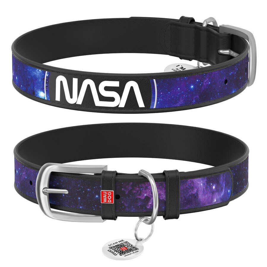 Waudog Tasarım Gerçek Deri Köpek Boyun Tasması, ''NASA21'' Deseni, XS, 15MM, 27-36 CM Siyah