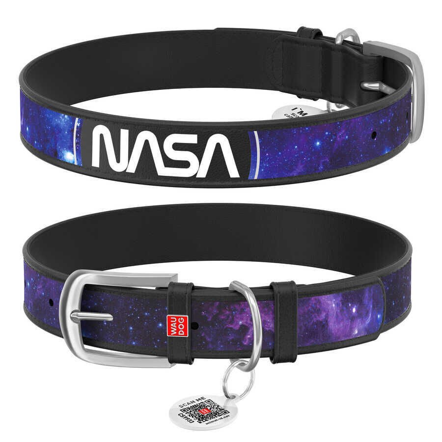 Waudog Tasarım Gerçek Deri Köpek Boyun Tasması, ''NASA21'' Deseni, XS, 15MM, 27-36 CM Siyah