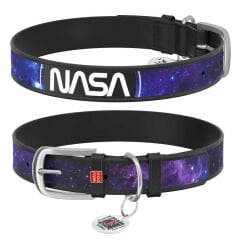 Waudog Tasarım Gerçek Deri Köpek Boyun Tasması, ''NASA21'' Deseni, XS, 15MM, 27-36 CM Siyah