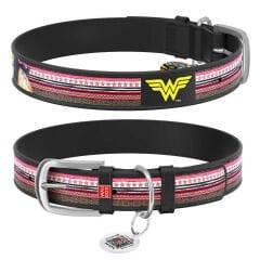 Waudog Tasarım Gerçek Deri Köpek Boyun Tasması, ''Wonder Woman'' Deseni, 15MM, 26-35 CM Siyah