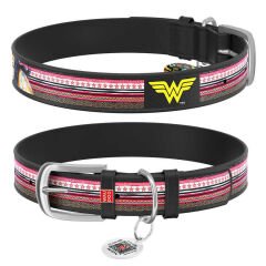 Waudog Tasarım Gerçek Deri Köpek Boyun Tasması “Wonder Woman” Siyah – 15 mm, 26–35 cm