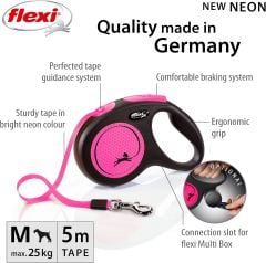Flexi New Neon Şerit Köpek Gezdirme Tasması Pembe (M) – 5 m