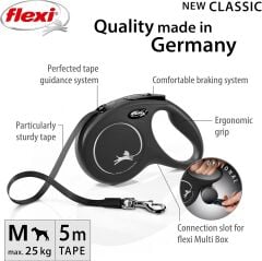Flexi New Classic M Beden Siyah 5MT Şerit Tasma Otomatik Köpek Gezdirme Kayışı M