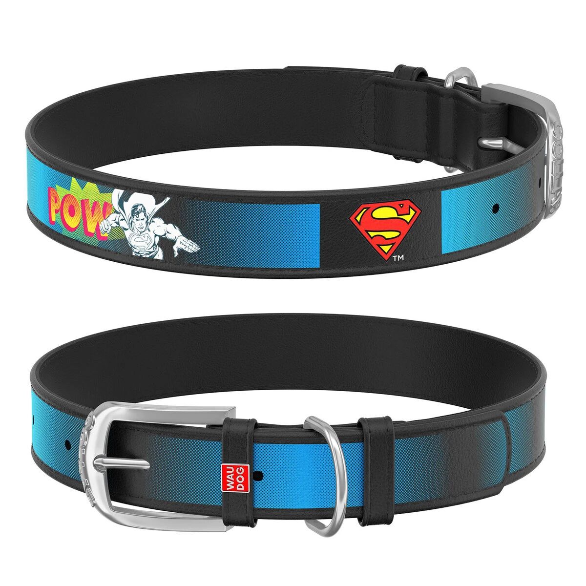 Waudog Gerçek Deri Köpek Boyun Tasması – ''Superman2'' Deseni, Siyah (L 20-28 cm)