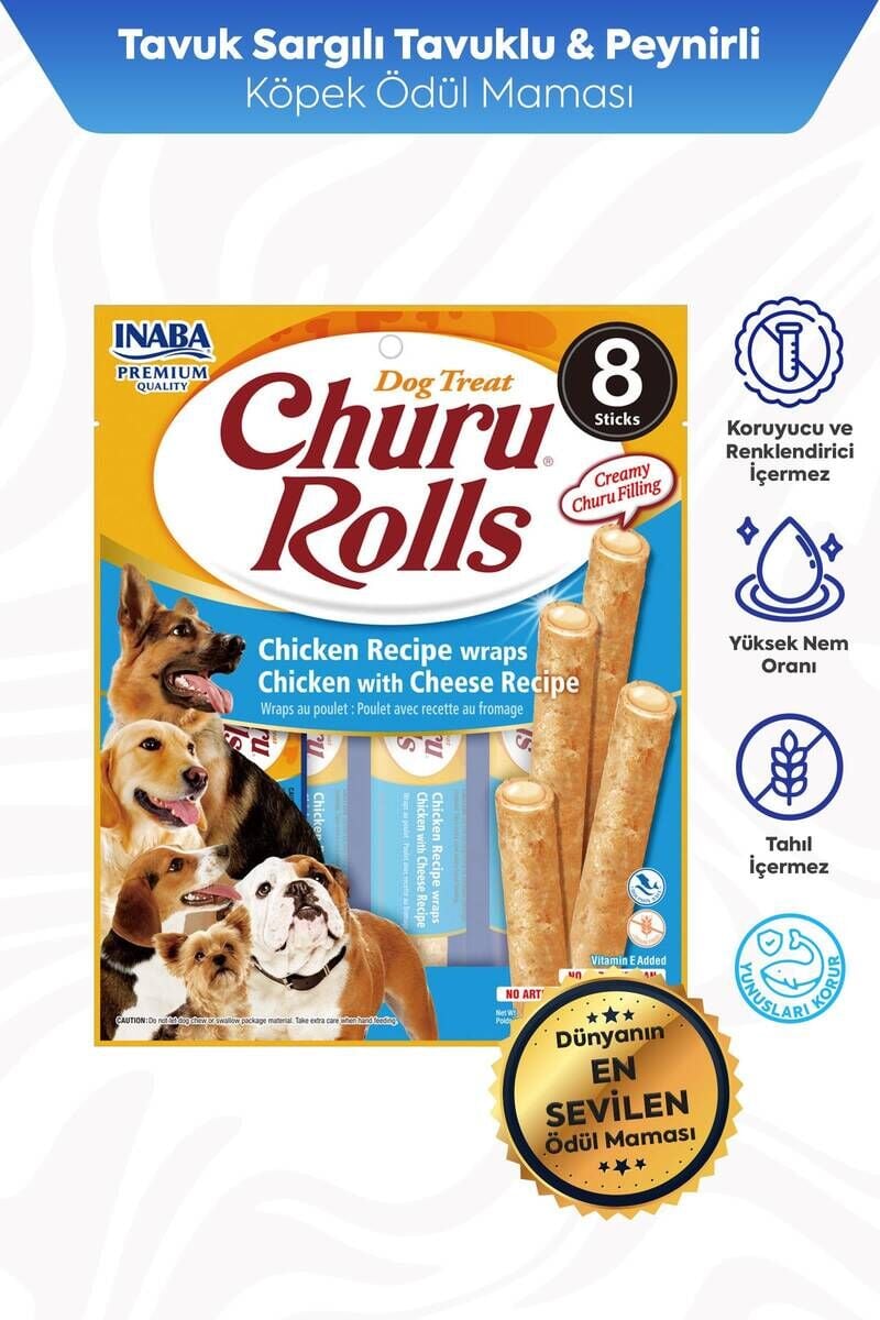 CHURU ROLLS STİCKS TAVUK SARGILI&PEYNİRLİ KÖPEK ÖDÜL MAMASI 8X12GR